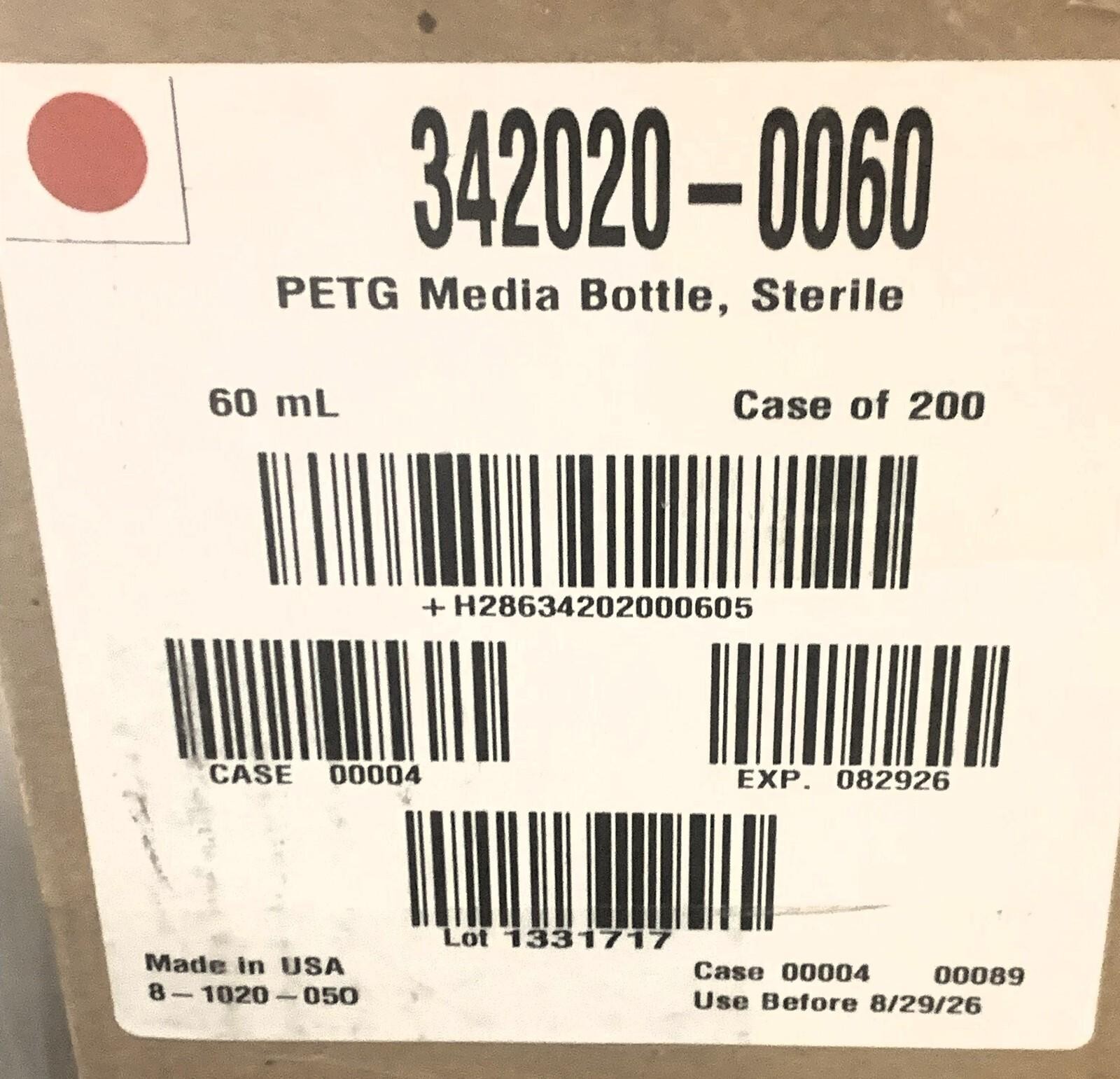 THERMO SCIENTIFIC 342020-0060 60ML PETG SQUARE MEDIA BOTTLES 08/29/2026 40 PACK