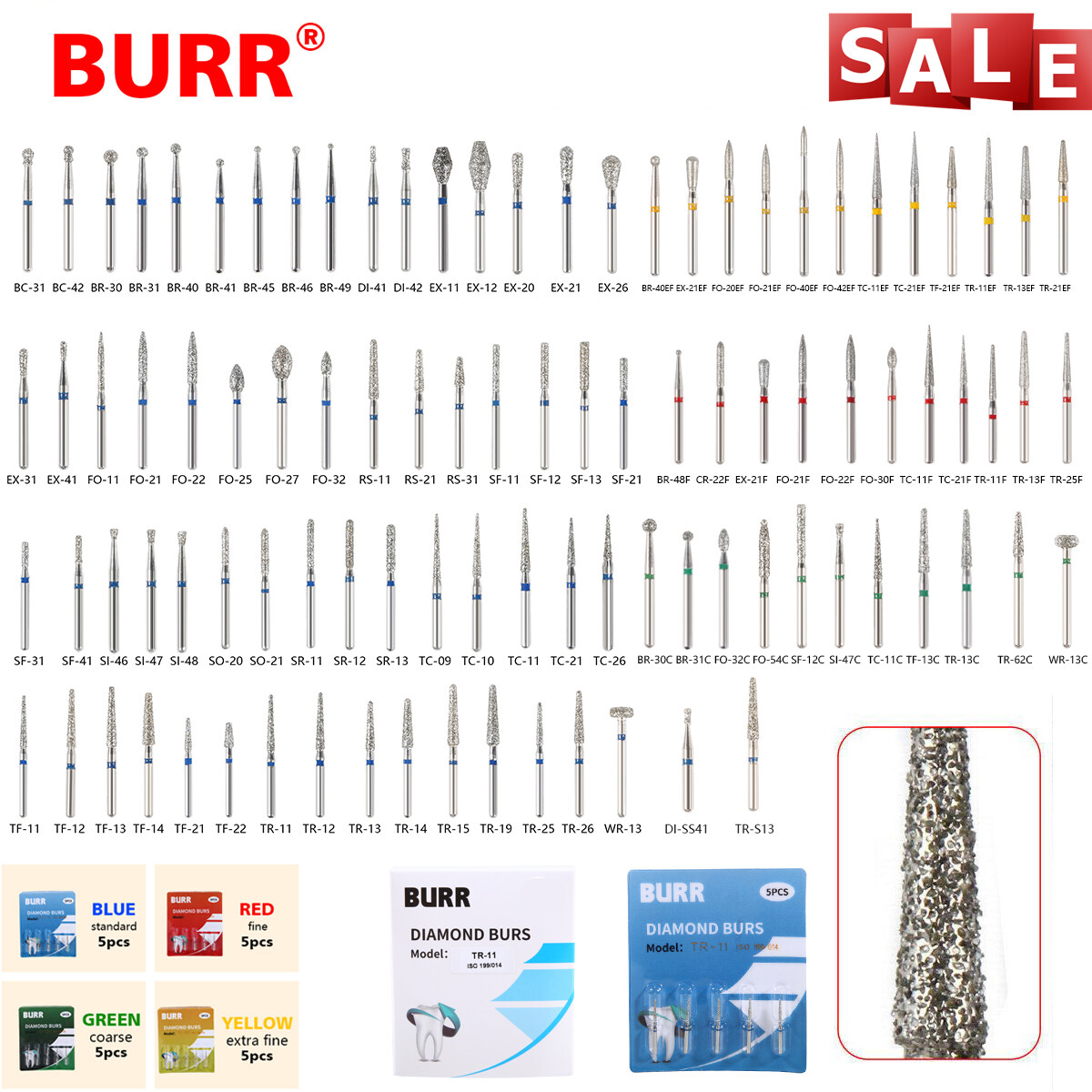 100* Dental Dentist Diamond Burs Bur Bits Drill FG 1.6mm 102 Types High Speed