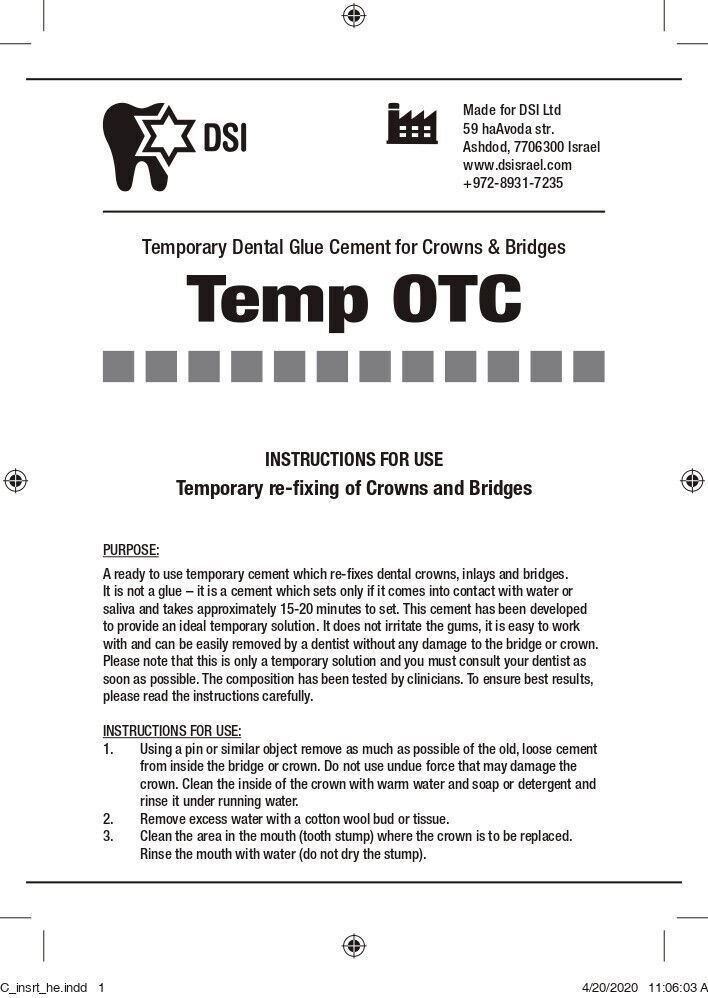 DSI Temp OTC Temporary Dental Glue Cement 7g Crowns Bridges DIY Teeth Emergency