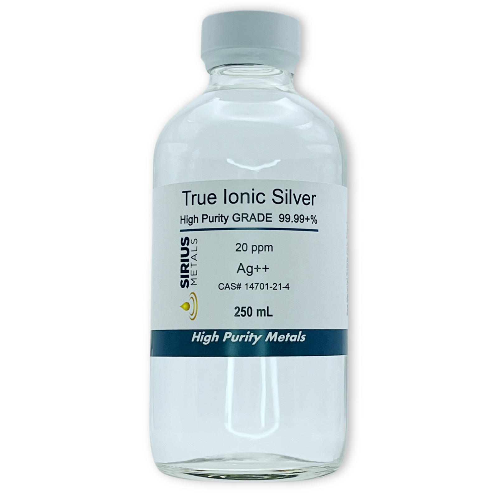 True Free Silver Ions (Ag++): 20 ppm, 99.99+% Purity – 250 mL in Glass